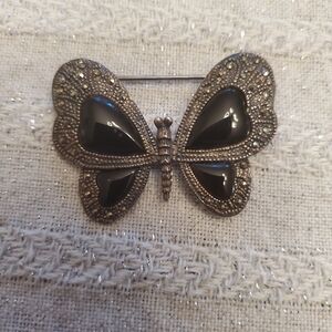 Elegant 925 Sterling Silver & Black Butterfly Brooch